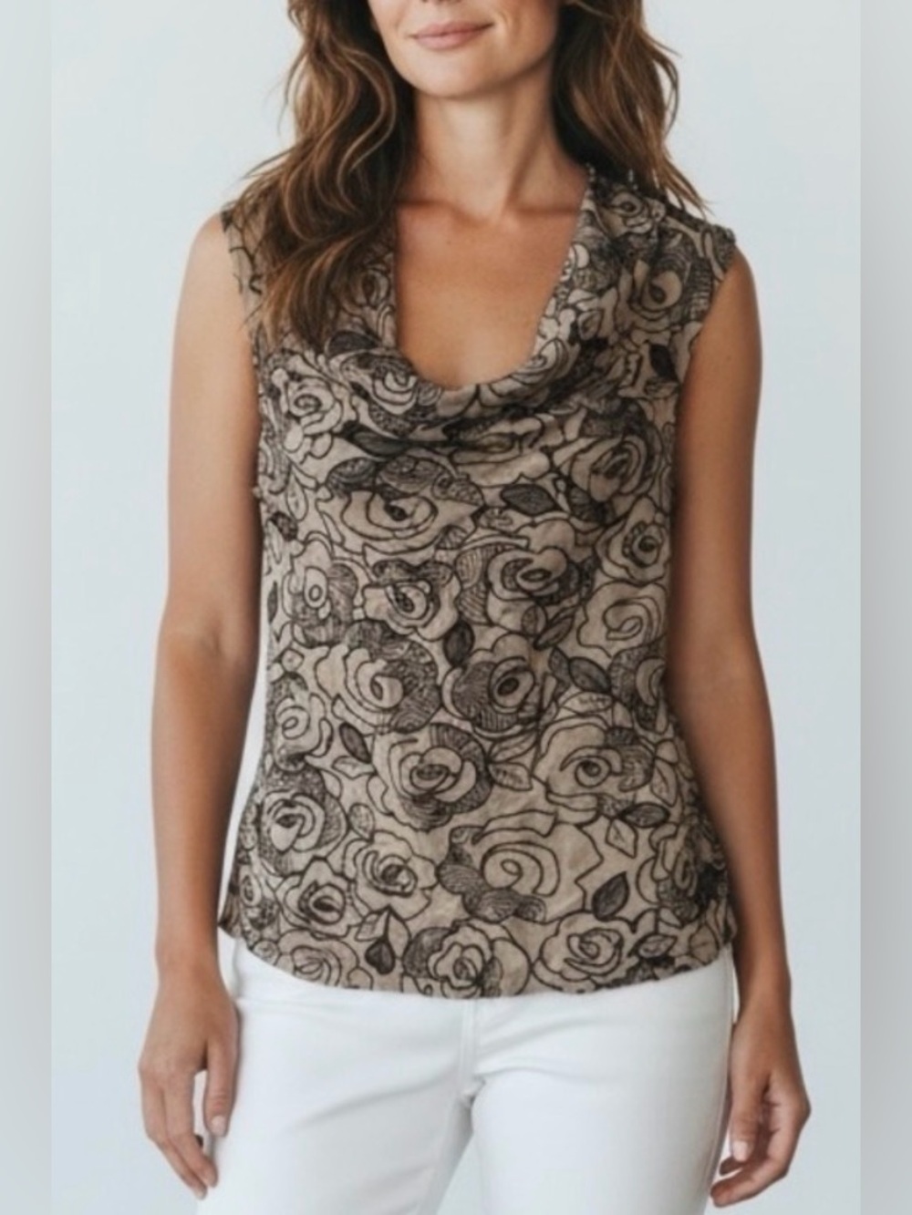 Tracy Reese Chocolate Brown 100% Silk Embroidered Cowl Neck Blouse M